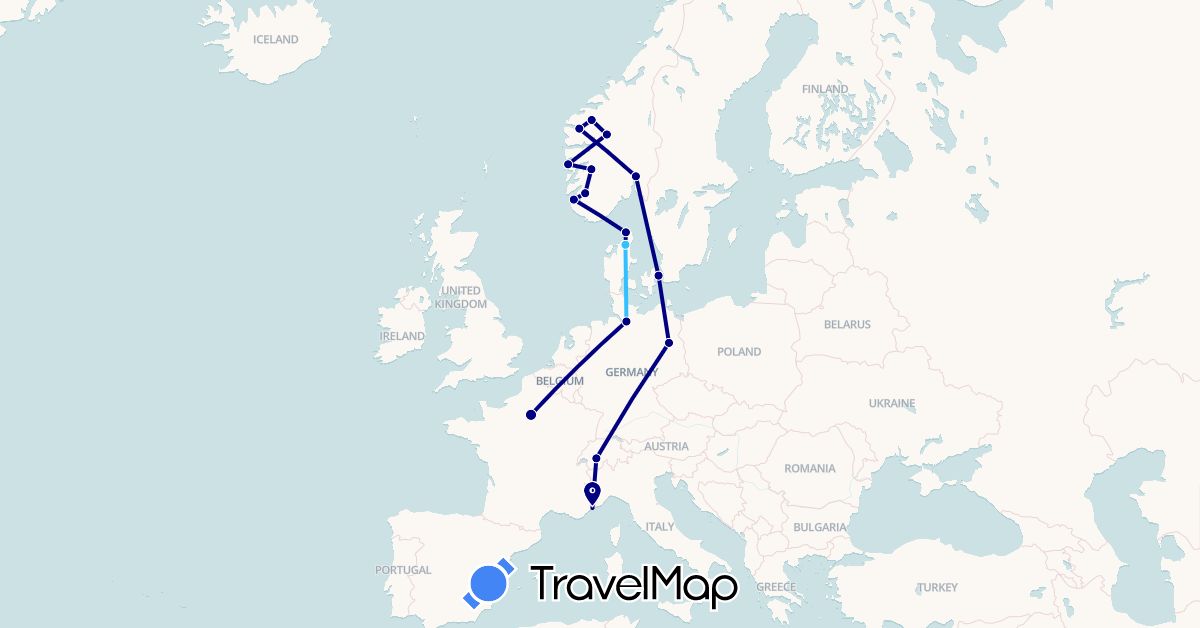 TravelMap itinerary: driving, boat in Switzerland, Germany, Denmark, France, Norway (Europe)